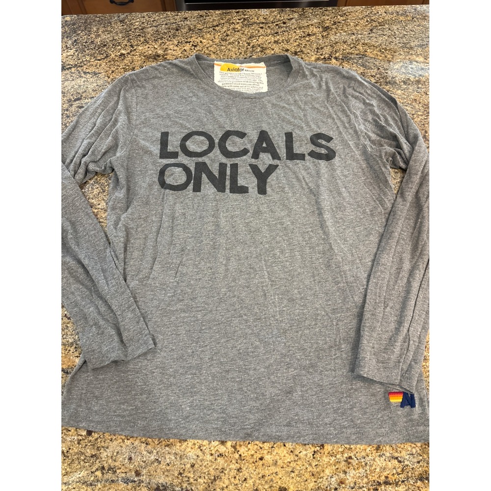 Aviator Nation Locals Only Long Sleeve Gray Graphic T-Shirt Mens L Made in USA